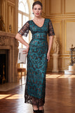 Burgundy V-Neck Short Sheer Sleeves Sheath Sequins Long 1920s Dress