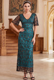 Burgundy V-Neck Short Sheer Sleeves Sheath Sequins Long 1920s Dress