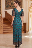 Burgundy V-Neck Short Sheer Sleeves Sheath Sequins Long 1920s Dress