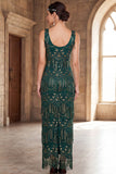 Dark Green Scoop Neck Beaded Sequins Sheath Long 1920s Flapper Dress with Fringes
