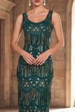 Dark Green Scoop Neck Beaded Sequins Sheath Long 1920s Flapper Dress with Fringes