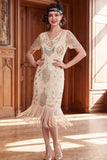 Apricot V-Neck Sequins Sheath Short Sleeves 1920s Dress with Fringes