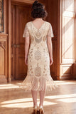 Apricot V-Neck Sequins Sheath Short Sleeves 1920s Dress with Fringes
