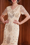 Apricot V-Neck Sequins Sheath Short Sleeves 1920s Dress with Fringes