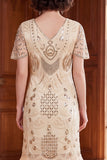 Apricot V-Neck Sequins Sheath Short Sleeves 1920s Dress with Fringes