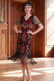 Apricot V-Neck Sequins Sheath Short Sleeves 1920s Dress with Fringes