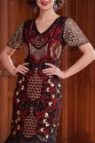 Apricot V-Neck Sequins Sheath Short Sleeves 1920s Dress with Fringes