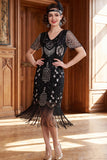 Apricot V-Neck Sequins Sheath Short Sleeves 1920s Dress with Fringes