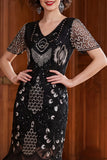 Apricot V-Neck Sequins Sheath Short Sleeves 1920s Dress with Fringes
