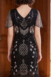 Apricot V-Neck Sequins Sheath Short Sleeves 1920s Dress with Fringes