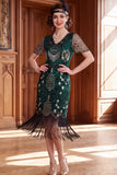 Apricot V-Neck Sequins Sheath Short Sleeves 1920s Dress with Fringes