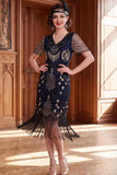 Apricot V-Neck Sequins Sheath Short Sleeves 1920s Dress with Fringes