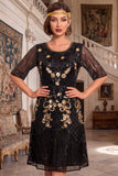 Black Golden Round Neck Embroidery Sequins Half Sleeves Midi 1920s Flapper Dress