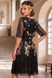 Black Golden Round Neck Embroidery Sequins Half Sleeves Midi 1920s Flapper Dress