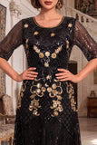 Black Golden Round Neck Embroidery Sequins Half Sleeves Midi 1920s Flapper Dress