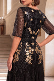Black Golden Round Neck Embroidery Sequins Half Sleeves Midi 1920s Flapper Dress