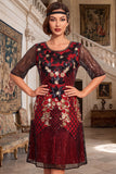 Black Golden Round Neck Embroidery Sequins Half Sleeves Midi 1920s Flapper Dress