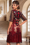 Black Golden Round Neck Embroidery Sequins Half Sleeves Midi 1920s Flapper Dress