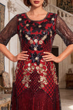 Black Golden Round Neck Embroidery Sequins Half Sleeves Midi 1920s Flapper Dress