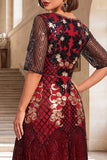 Black Golden Round Neck Embroidery Sequins Half Sleeves Midi 1920s Flapper Dress