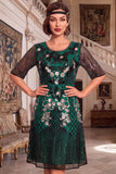 Black Golden Round Neck Embroidery Sequins Half Sleeves Midi 1920s Flapper Dress