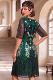 Black Golden Round Neck Embroidery Sequins Half Sleeves Midi 1920s Flapper Dress