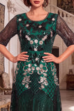 Black Golden Round Neck Embroidery Sequins Half Sleeves Midi 1920s Flapper Dress