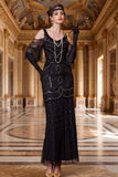 Black Cold Shoulder Sheath Beaded Sequins Tulle 1920s Dress with Fringes
