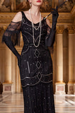Black Cold Shoulder Sheath Beaded Sequins Tulle 1920s Dress with Fringes