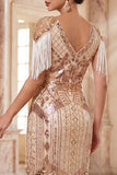 Apricot V-Neck Sequins Sheath Midi 1920s Flapper Dress with Fringes