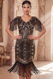 Apricot V-Neck Sequins Sheath Midi 1920s Flapper Dress with Fringes