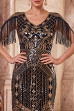 Apricot V-Neck Sequins Sheath Midi 1920s Flapper Dress with Fringes