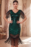 Apricot V-Neck Sequins Sheath Midi 1920s Flapper Dress with Fringes