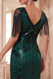 Apricot V-Neck Sequins Sheath Midi 1920s Flapper Dress with Fringes