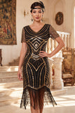 Black V-Neck Short Sleeves Sequins Beaded 1920s Dress with Fringes