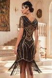 Black V-Neck Short Sleeves Sequins Beaded 1920s Dress with Fringes