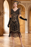Black V-Neck Short Sleeves Sequins Beaded 1920s Dress with Fringes