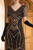Black V-Neck Short Sleeves Sequins Beaded 1920s Dress with Fringes