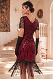 Black V-Neck Short Sleeves Sequins Beaded 1920s Dress with Fringes