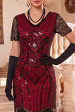 Black V-Neck Short Sleeves Sequins Beaded 1920s Dress with Fringes
