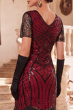 Black V-Neck Short Sleeves Sequins Beaded 1920s Dress with Fringes