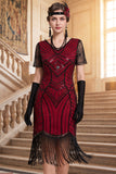 Black V-Neck Short Sleeves Sequins Beaded 1920s Dress with Fringes