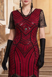 Black V-Neck Short Sleeves Sequins Beaded 1920s Dress with Fringes
