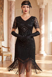 Black V-Neck Short Sleeves Sequins Beaded 1920s Dress with Fringes