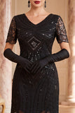 Black V-Neck Short Sleeves Sequins Beaded 1920s Dress with Fringes