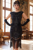 Dark Green Round Neck Cap Sleeves Beaded Sequins 1920s Flapper Dress with Fringes