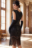 Dark Green Round Neck Cap Sleeves Beaded Sequins 1920s Flapper Dress with Fringes