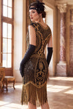 Dark Green Round Neck Cap Sleeves Beaded Sequins 1920s Flapper Dress with Fringes