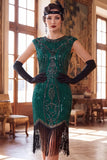 Dark Green Round Neck Cap Sleeves Beaded Sequins 1920s Flapper Dress with Fringes