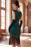 Dark Green Round Neck Cap Sleeves Beaded Sequins 1920s Flapper Dress with Fringes